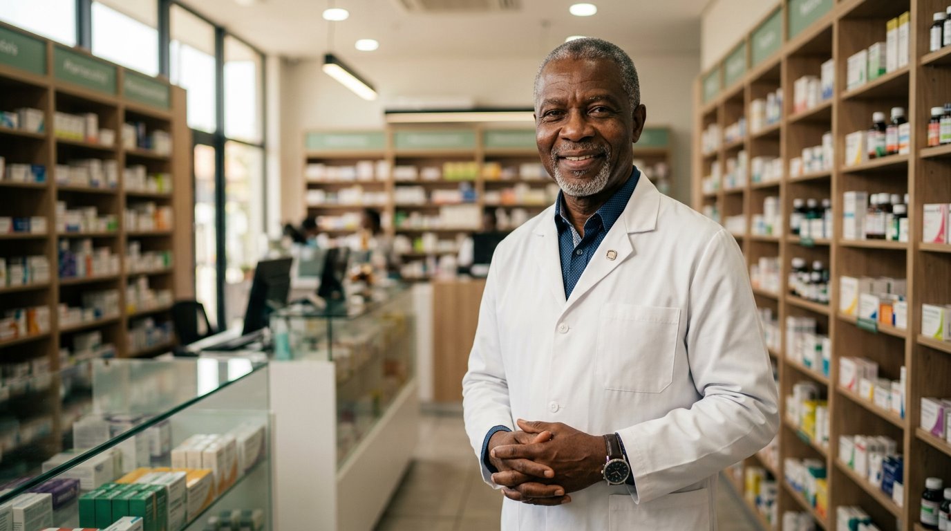 A Champions Pharmaceuticals pharmacist in a modern Nigerian pharmacy